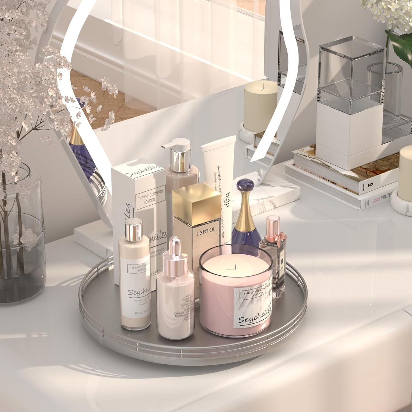 13" Silver Lazy Susan for Table Top, Oak Wood Lazy Susan Turntable Organizer for Dining Coffee Table Centerpiece Bar Decor Kitchen Countertop Bathroom Vanity Decorative Tray for Perfume Jewelry Round