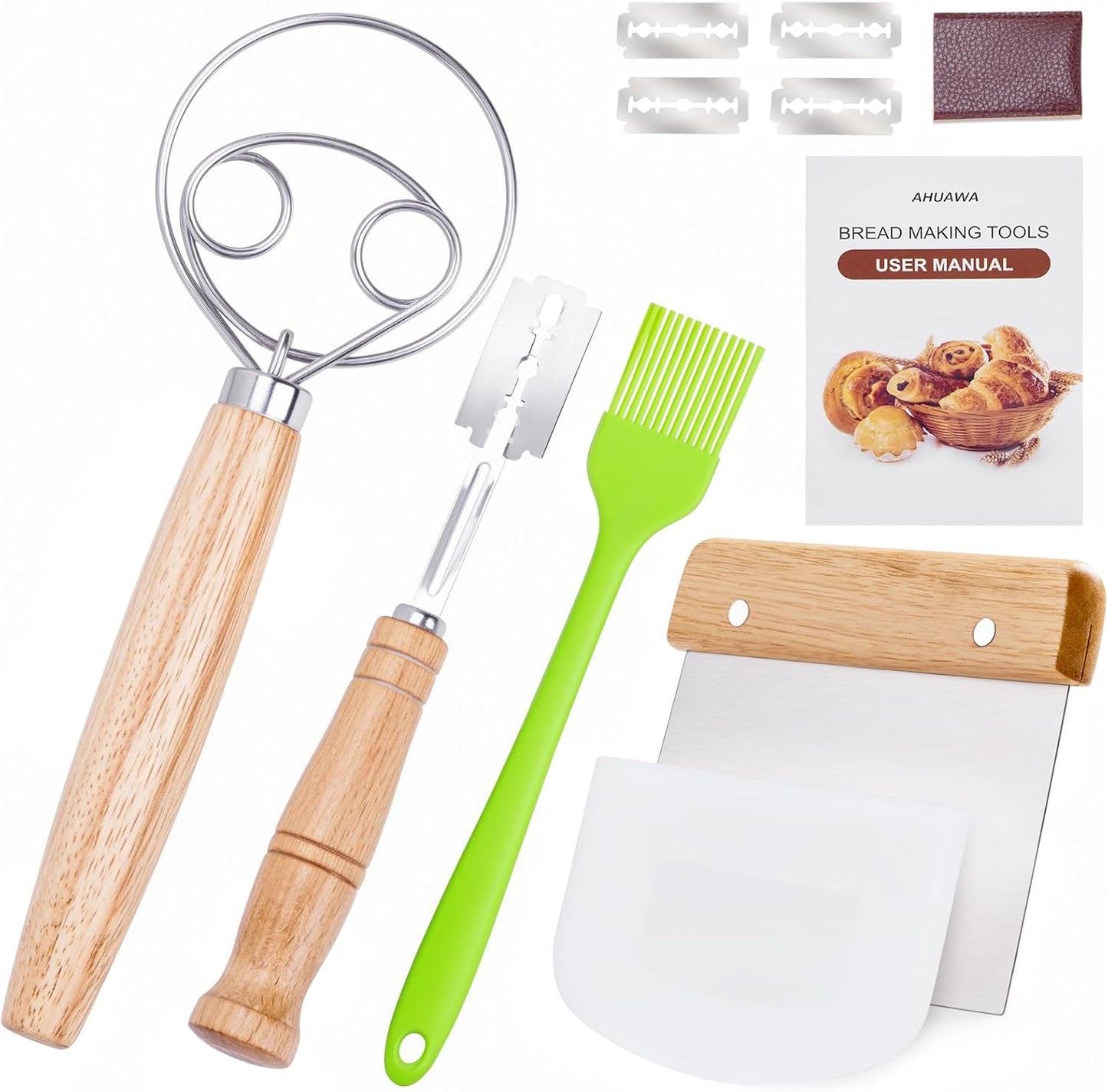Danish Dough Whisk with Sourdough Scoring Tool, Bread Making Tools and Baking Supplies - Dough Hook Dutch Whisk, Bread Lame, Bench Scraper & Pastry Brush