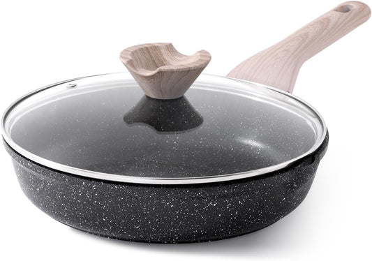 Nonstick Frying Pan Skillet with Lid, 9.5 Inch Granite Egg Omelet Pan, Healthy and Non Toxic, Induction Compatible, PFOA Free