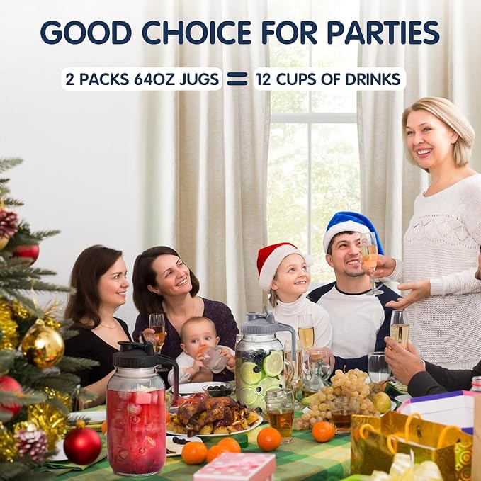 64OZ Glass Pitchers with Lid, Wide Mouth Water Jugs, Leak-Proof Airtight Mason - Image 6
