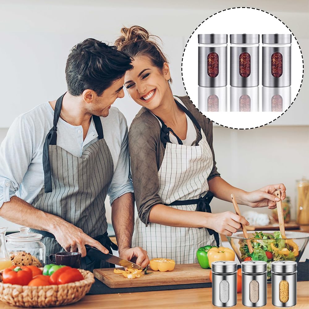 6 Pack Salt and Pepper Shakers, 80ml Spice Jars with Shaker lids, Salt Shakers Glass with Adjustable Pour Holes, Stainless Steel Seasoning Containers, Spice Bottles Glass for Kitchen