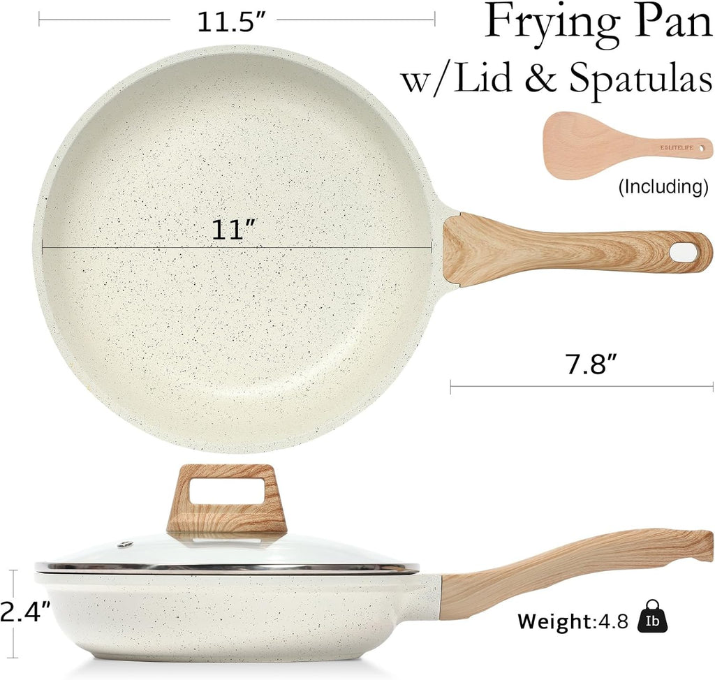 ESLITE LIFE Nonstick Ceramic Frying Pan Skillet with Lid, Non-Toxic Egg Omelette Kitchen Cooking Pans Compatible with All Stovetops (Gas, Electric & Induction), PTFE & PFOA Free (White, 11" w/Lid)