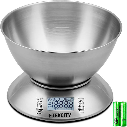 Etekcity Food Kitchen Scale with Bowl, Digital Weight Scale for Food Ounces and Grams, Cooking and Baking, Timer, and Temperature Sensor, 2.06 QT, Stainless Steel