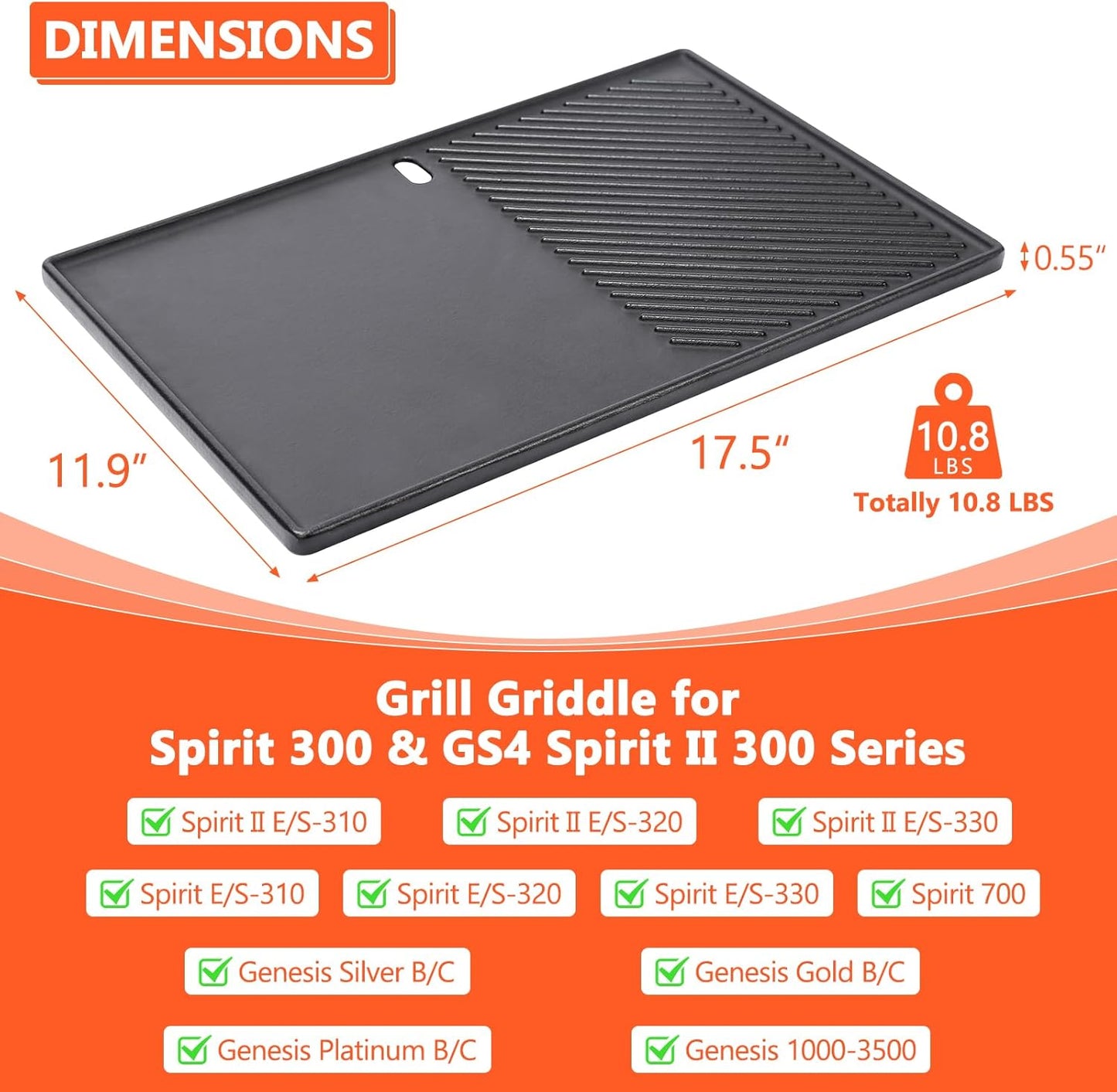 QuliMetal Reversible 7598 Griddle Replacement Parts for Weber Spirit 300 & GS4 Spirit II 300 Series Grills, Spirit E310, Genesis Silver Gold B C, Genesis 1000-5000 Cast Iron Griddle Plate 7658, 1 Pack