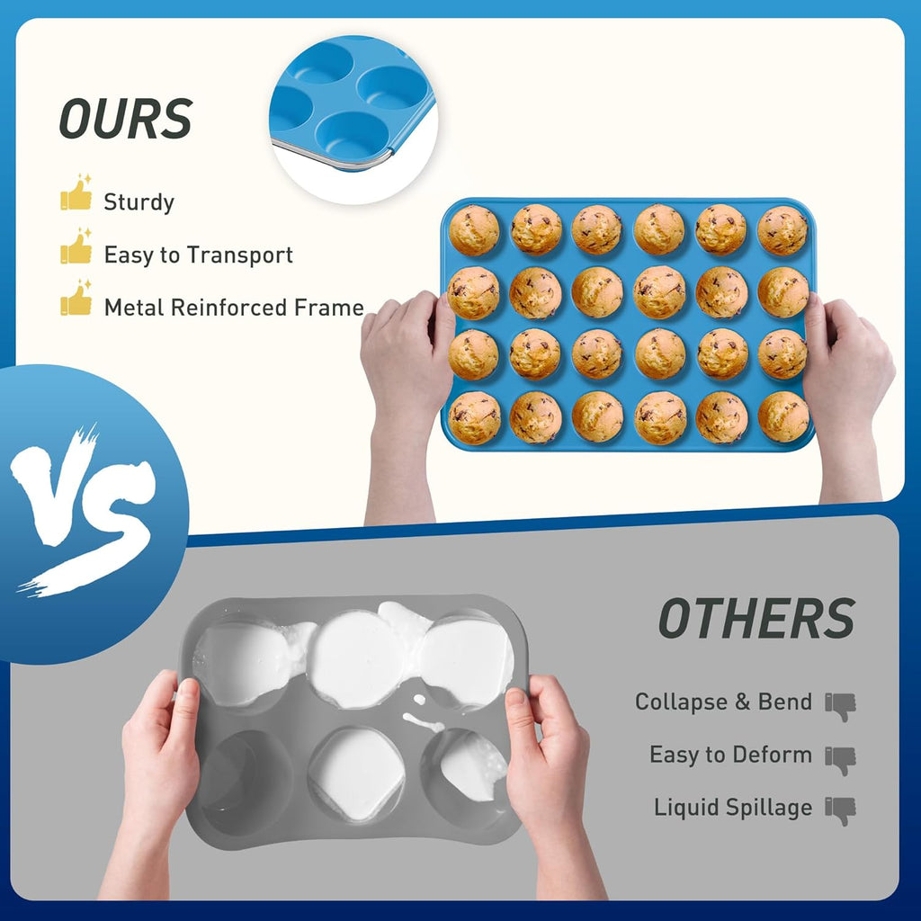 2 Pack 24 Cups Silicone Mini Muffin Pan with Metal Reinforced Frame Silicone Molds Cupcake Pans Tray Egg Bites Circle Cookie Molds Muffin Tin Tart Pans Baking Sheet Set for Breakfast Sandwiches
