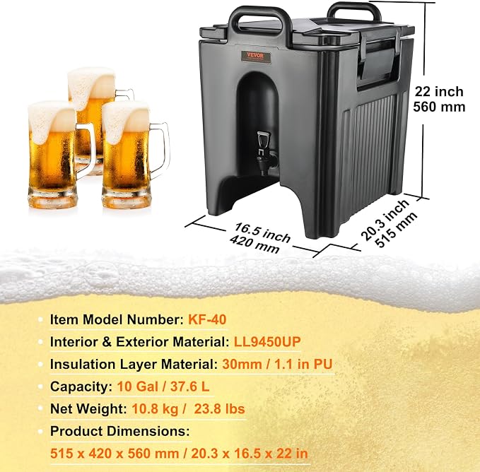 VEVOR Insulated Beverage Dispenser, 10 Gallon, Food-grade LL9450UP Hot and Cold - Image 7
