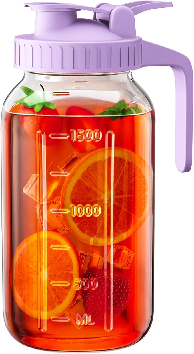 64 oz Glass Pitcher with Lid, Large Wide Mouth Mason Jar with Pour Spout by OneDream