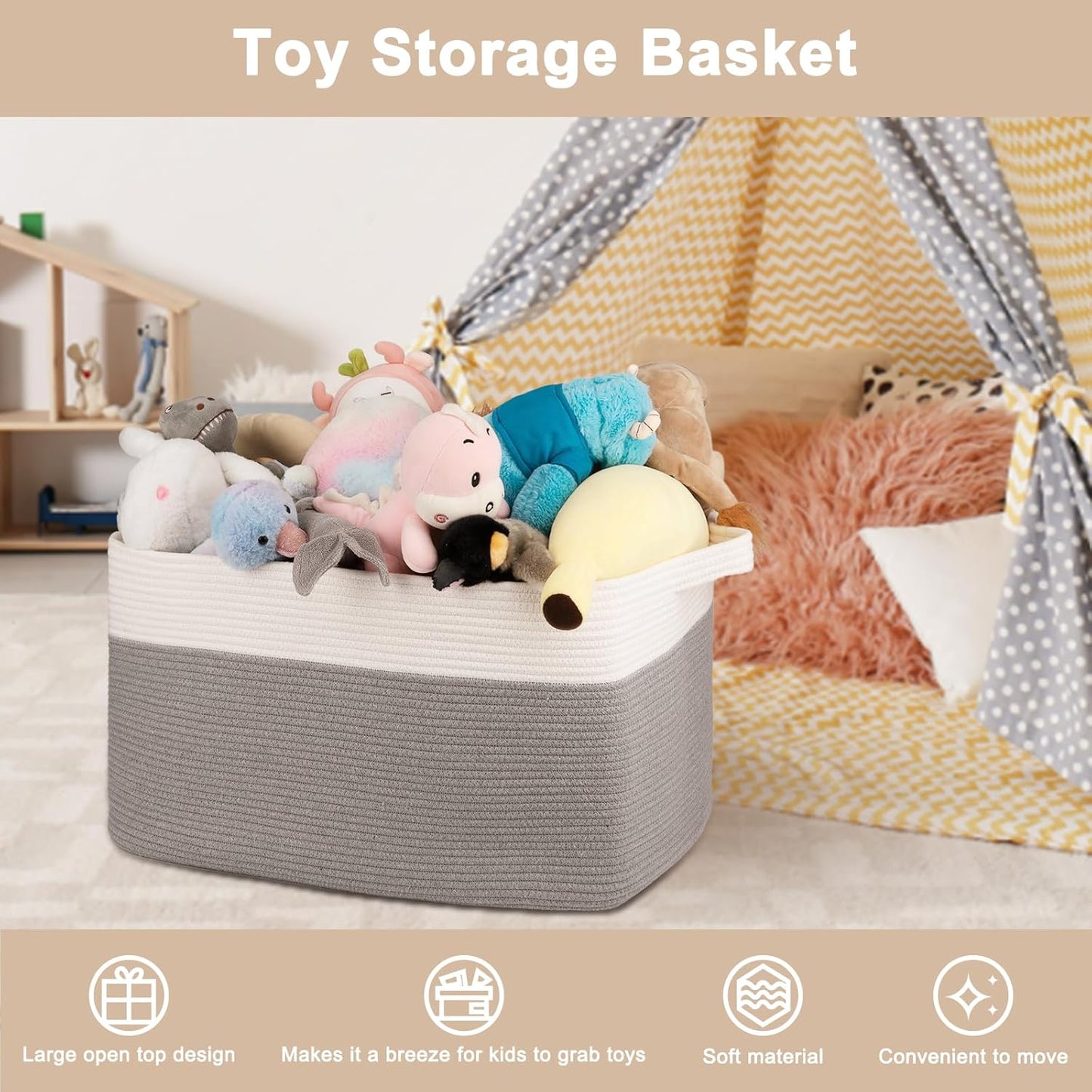 OIAHOMY 95L Blanket Basket, 24”x17”x14”, Large Woven Baskets for Storage, Nursery Cotton Rope Basket with Handle, Living Room, Nursery, Bedroom,Toy Baskets Organizer Bins, Grey & White