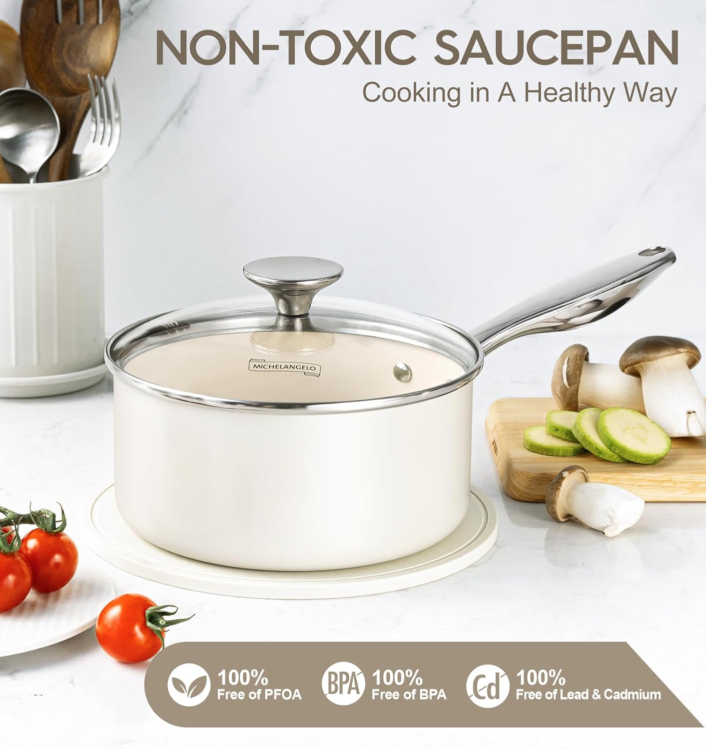 MICHELANGELO 1 Quart Saucepan with Lid, Nonstick Sauce Pan with Non-Toxic Ceramic Coating, Cream Sauce pan, 1 Qt Saucepans, Oven Safe