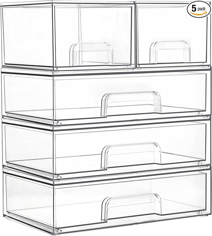 Vtopmart Clear Stackable Storage Drawers Set of 5, Plastic Organizer Bins by Vtopmart