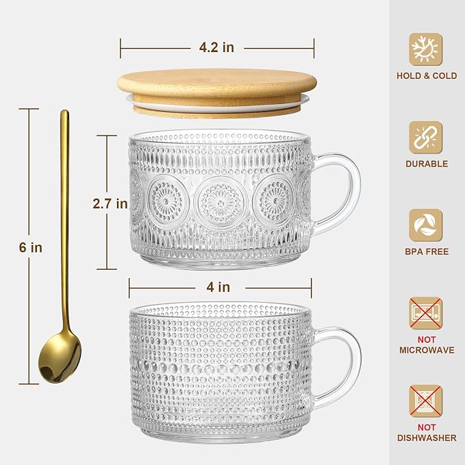 Vintage Coffee Mugs, Overnight Oats Containers - 14oz Clear Embossed Glass Cups - Image 7