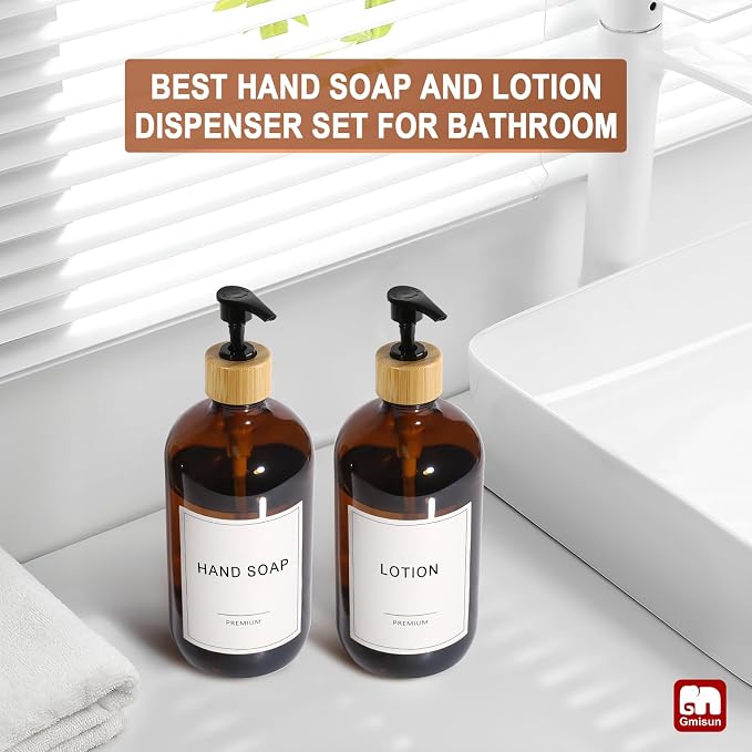 GMISUN Amber Glass Soap Dispenser, 2 Pack Bathroom Hand Soap Dispensers - Image 6