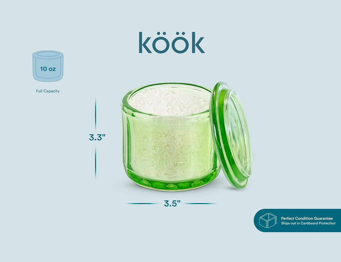 KooK Glass Salt Cellar, with Lid, Embossed Pressed Glass, Clear Storage Container, for Coffee, Sugar, Spices and Candies, 10 oz (Lime Green)