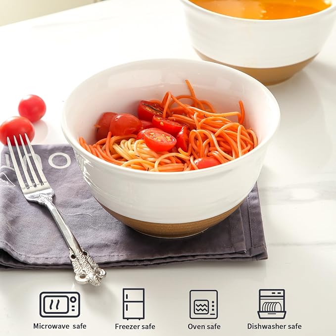 HASENSE Large Ceramic Soup Bowls Set of 4, 40 Oz 7 Inch White & Terracotta - Image 5