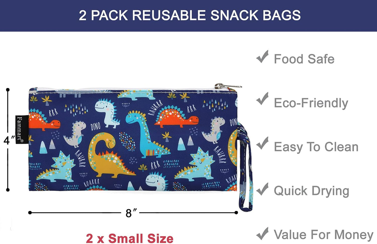 Reusable Sandwich Bag/Snack Bag for Kids & Adults, Dual Layer Lunch Bag with Handle, Washable, Food Safe, BPA Free (2-Pack, Dinosaur)