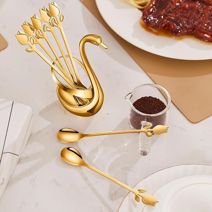 Gold Small Coffee Spoon Holder Set, Swan Base - Image 5