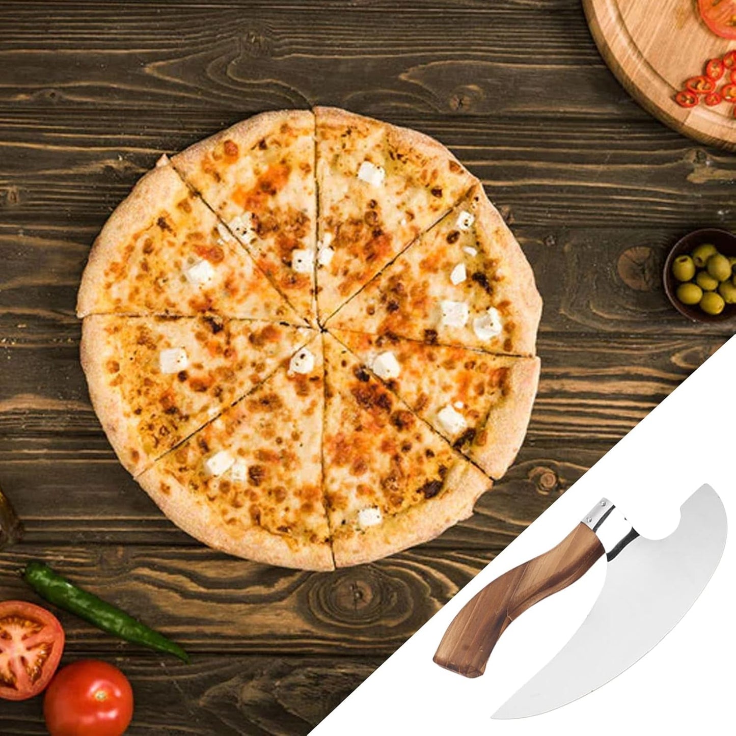 Handmade Viking Steel Pizza Axe, Camping Knives Tools Pizza Cutter with Pine Wood Handle, Handmade Stainless Steel Authentic Medieval Pizza Cutter for Home Restaurant Bar