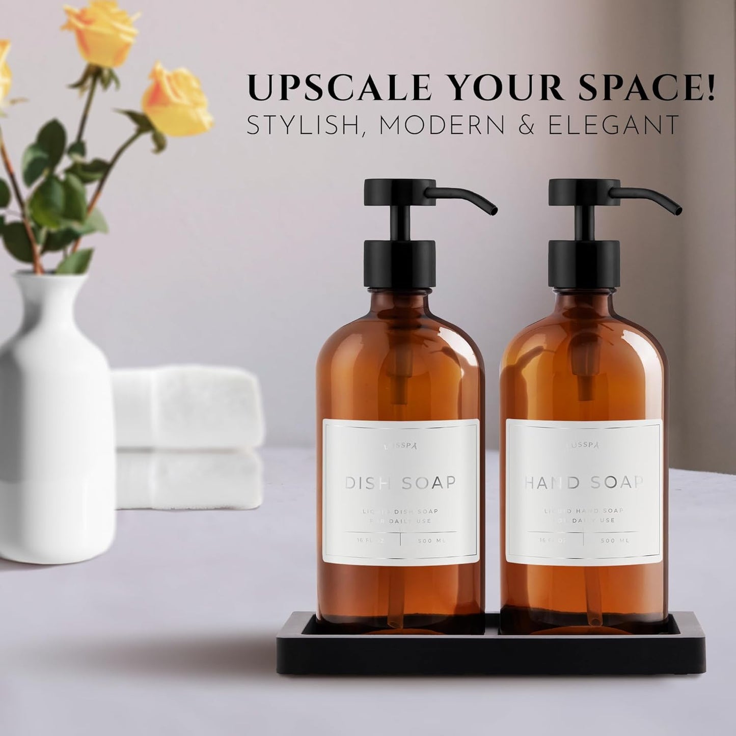 Lotion, Hand & Dish Soap Dispenser for Kitchen Sink - Bathroom Soap Dispenser Set of 2 16.8 Oz Glass Bottles with Stainless Steel Pump, 15 Water Proof Labels & Silicon Tray (Amber/Black)