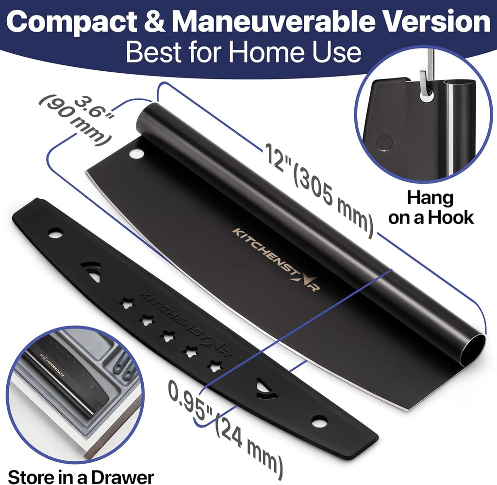 KitchenStar 12-Inch Pizza Cutter Rocker Blade - Sharp Stainless Steel Slicer Knife, Protective Cover, Black Nonstick, Small - Professional Pizza Oven Accessories