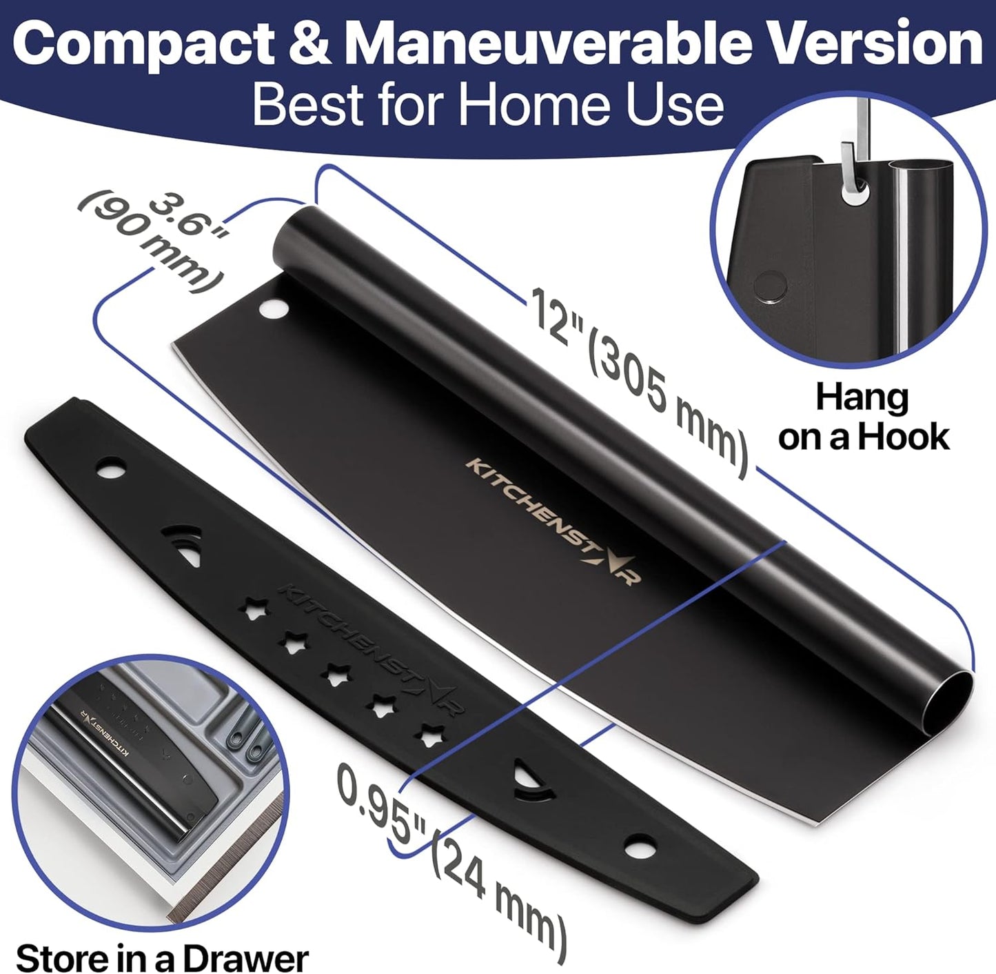 KitchenStar 12-Inch Pizza Cutter Rocker Blade - Sharp Stainless Steel Slicer Knife, Protective Cover, Black Nonstick, Small - Professional Pizza Oven Accessories