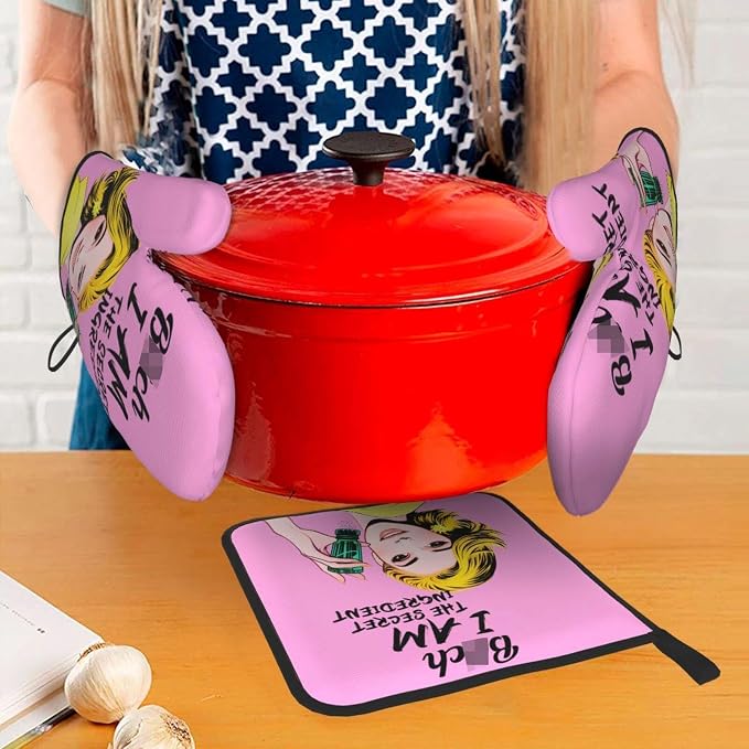 Cute Pink Oven Mitts and Pot Holders Set of 3, Heat Resistant Non-Slip Funny - Image 3