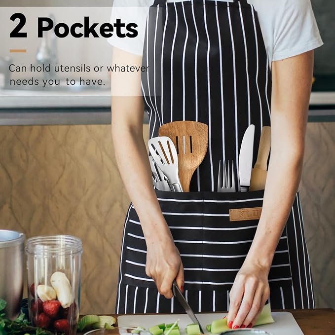 NLUS 2 Pcs Kitchen Cooking Aprons, Poly/Cotton Blend Adjustable Soft Bib Stripe - Image 2