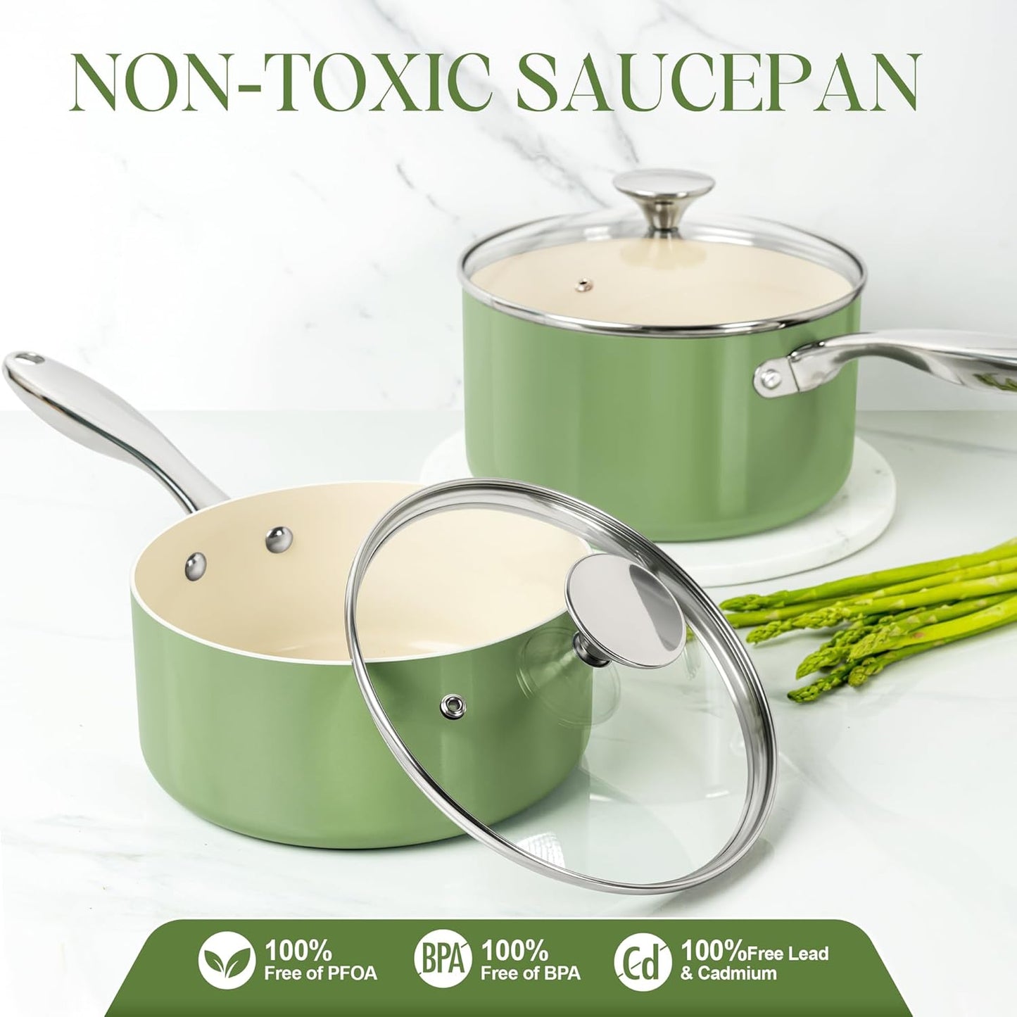 MICHELANGELO Sauce Pan with Lid, Non Stick Saucepan Set of 3-1Qt & 2Qt & 3Qt Small Pots for Cooking, Ceramic Saucepan - Non-Toxic, Scratch-Resistant, Oven Safe, Natural Green