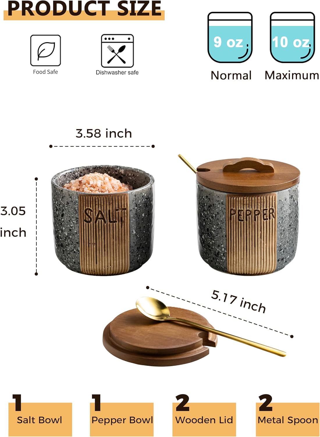 Salt and Pepper Bowl Ceramic, 10 Oz Salt Containers for Countertop Salt Cellar with Wooden Lid and Spoons, Salt and Pepper Set Marble Design, Gray
