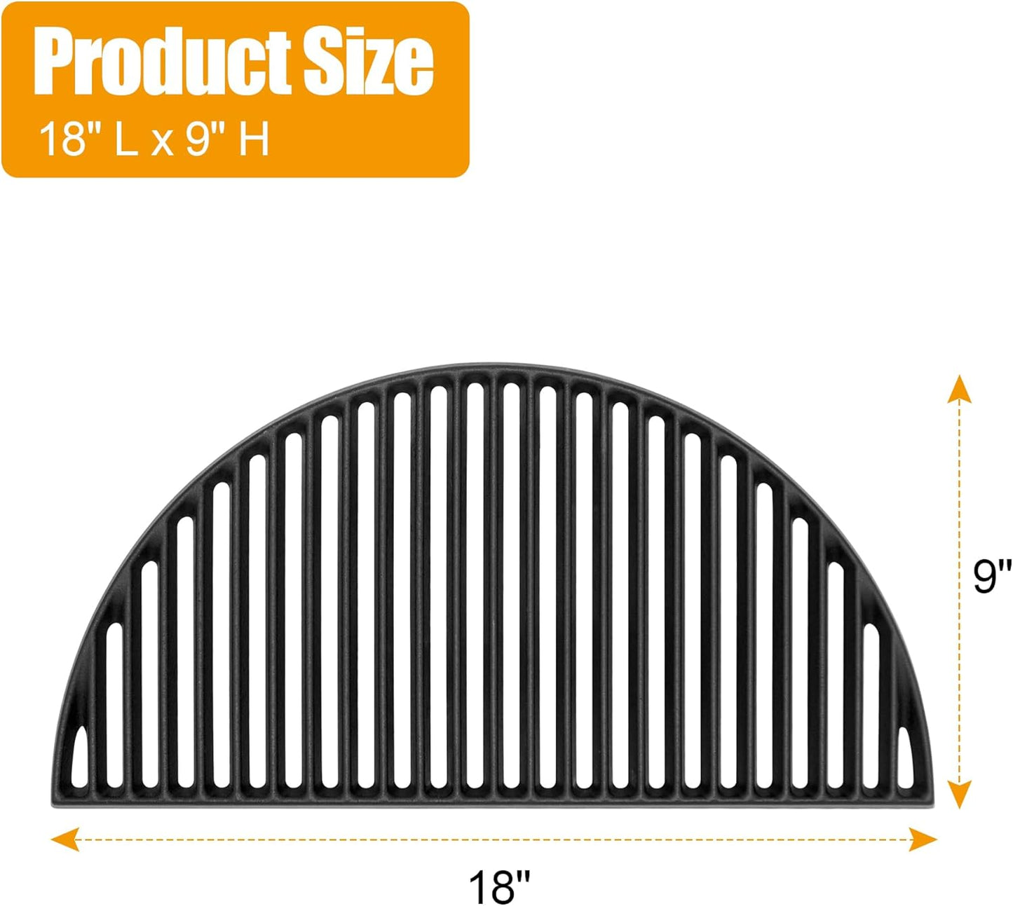 BBQ-PLUS 18" Half Moon Cast Iron Reversible Cooking Grate for Kamado Joe KJ-23RHC Classic II, KJ23NRHCI Classic III, KJ23RH Classic I, Stand-Alone Classic, Large Big Green Egg