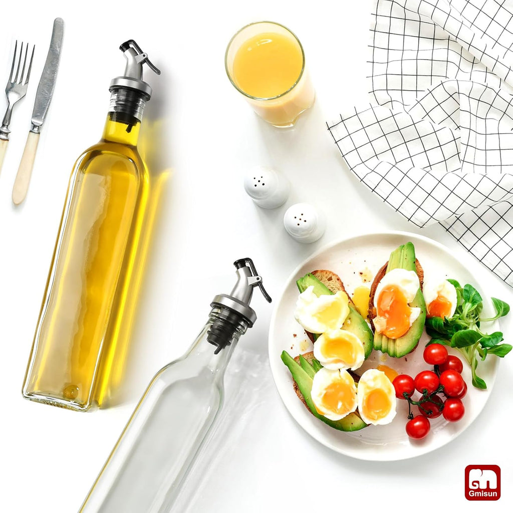 GMISUN Olive Oil Dispenser for Kitchen 4 Pack, Glass Oil Dispenser Bottle 17 fl oz, Cooking Soy Sauce Bottle Container Cruet with Plastic Pourer Spout, Funnel and Labels, Clear