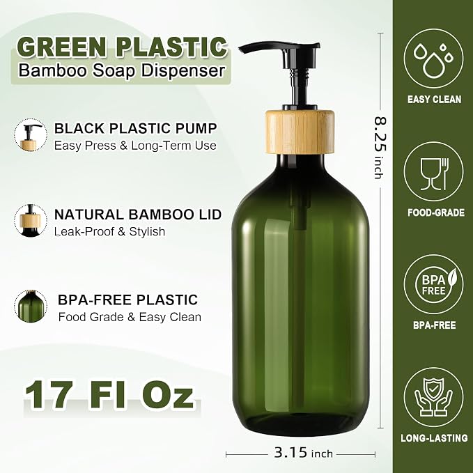 KASUNTING Green Soap Dispenser, Plastic Bathroom Soap and Lotion Dispenser Set - Image 3