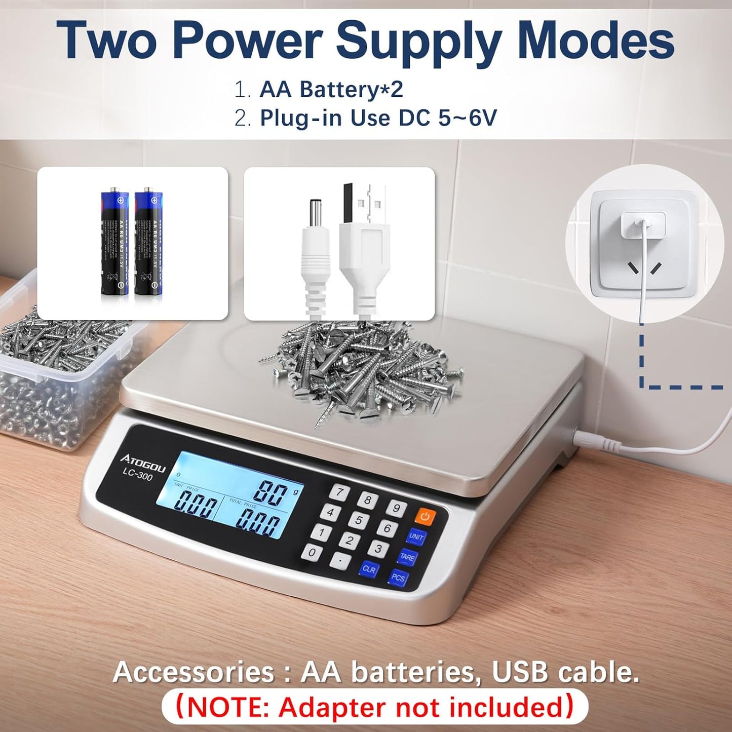 110lb Food Scale, Commercial Kitchen Scale with Price Computing, Plug-in Usable, 0.05oz/1g, 304 Stainless Steel, for Cooking, Vegetables, Farm, Industry, Counting. LC300