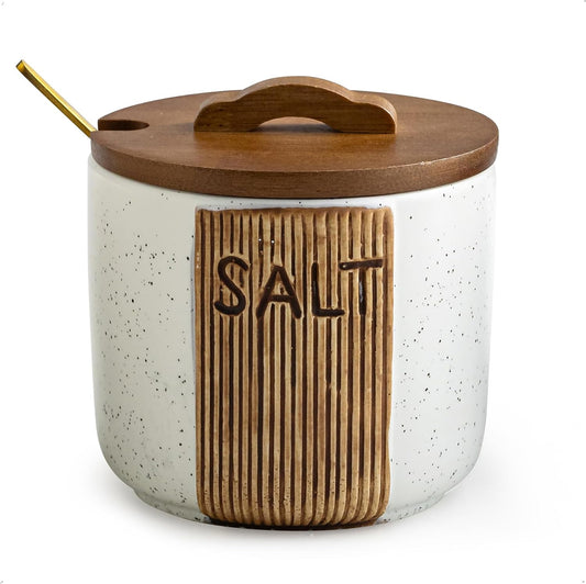 Salt Container for Countertop, Ceramic Salt Cellar with Lid and Spoons, 10 OZ Salt Bowl Holder, White