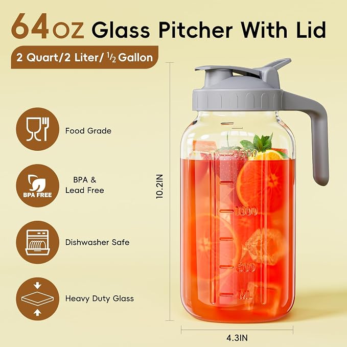 Glass Mason Jar Pitcher, 64 oz Wide Mouth Jug - Image 2