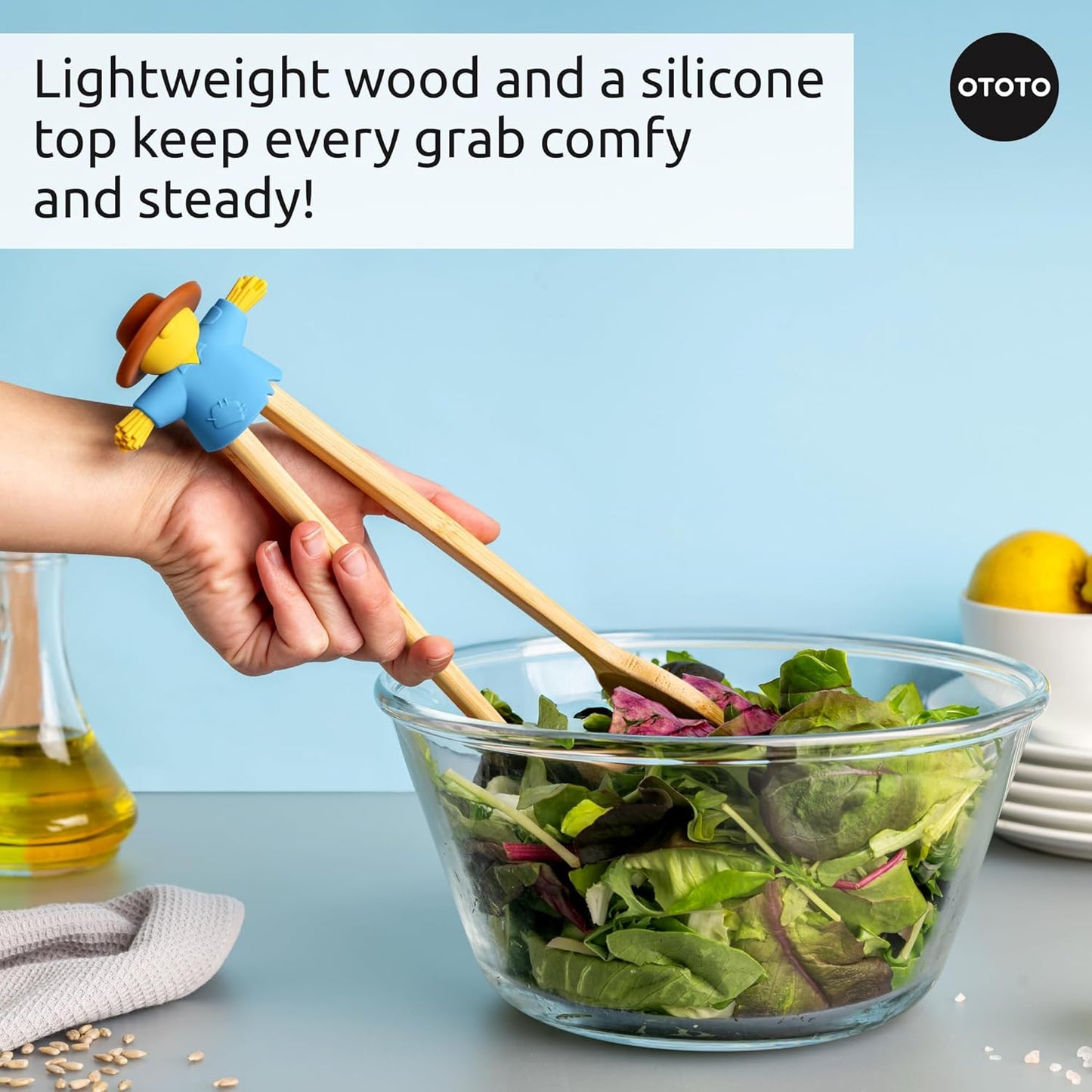 NEW - OTOTO Sal Scarecrow Salad Tongs (2-Piece) - Wooden Tongs Set, Food Safe Toaster Tongs for Serving, Cute Kitchen Tongs, Cool Kitchen Gadgets Accessories, Funny Gifts, Mini Tongs (Blue)