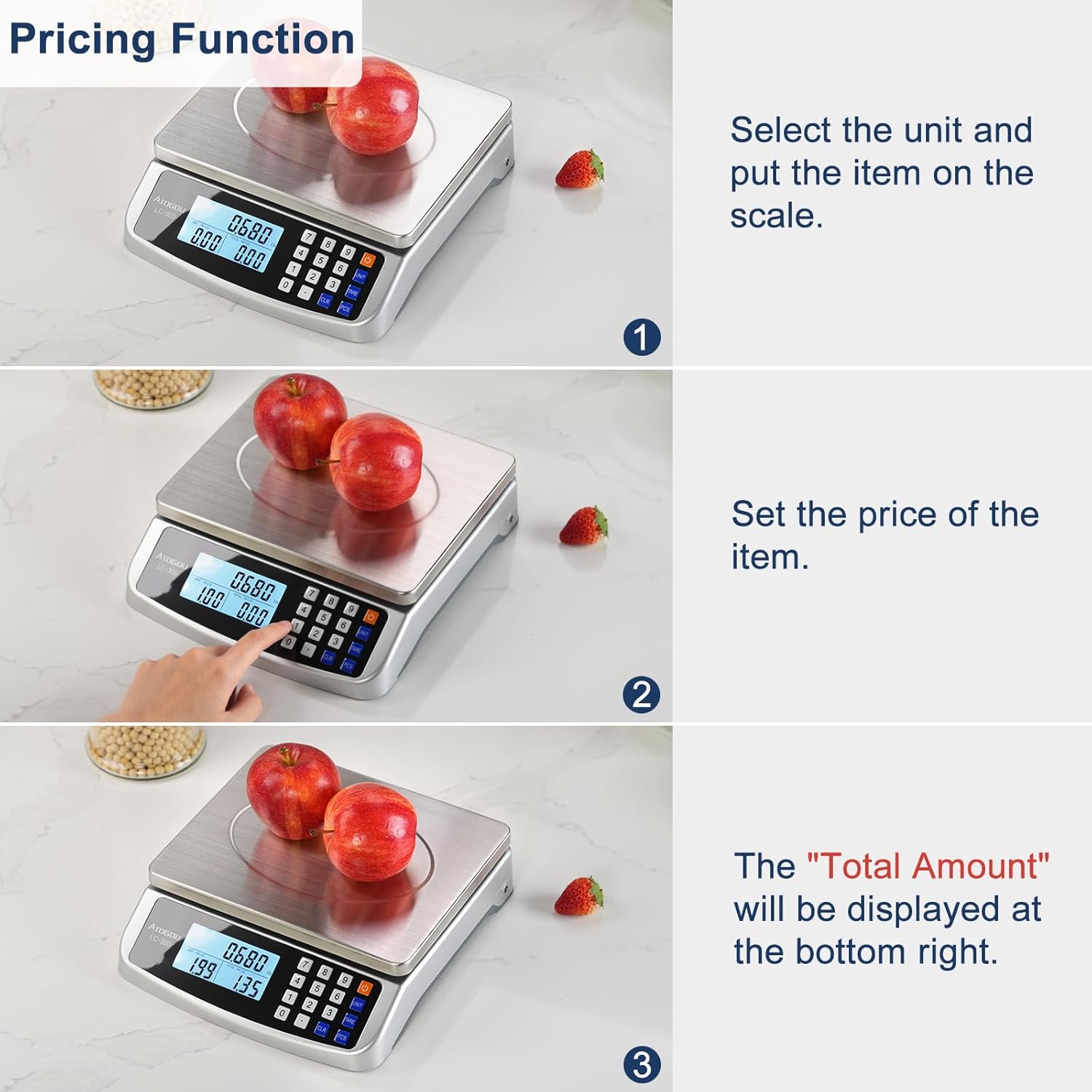 66lb Food Scale, Commercial Kitchen Scale with Price Computing, Plug-in Usable, 0.05oz/1g, 304 Stainless Steel, for Cooking, Vegetables, Farm, Industry, Counting. LC300