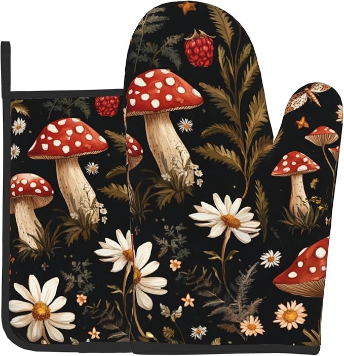 Mushroom Oven Mitt Pot Holder Set Vintage Floral BBQ Cooking Gloves by DZGlobal