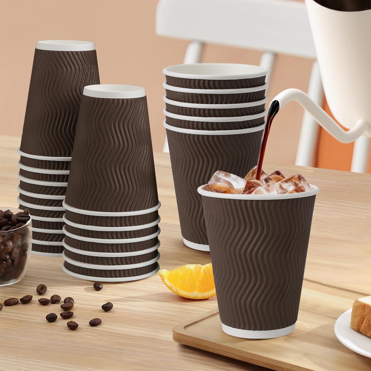12 oz Coffee Cups Disposable, 100 Count Insulated Paper Coffee Cups, Corrugated Ripple Wall Design Paper Cup, Hot Cold Drinking Cup for Party, Picnic, Travel, Business, Home