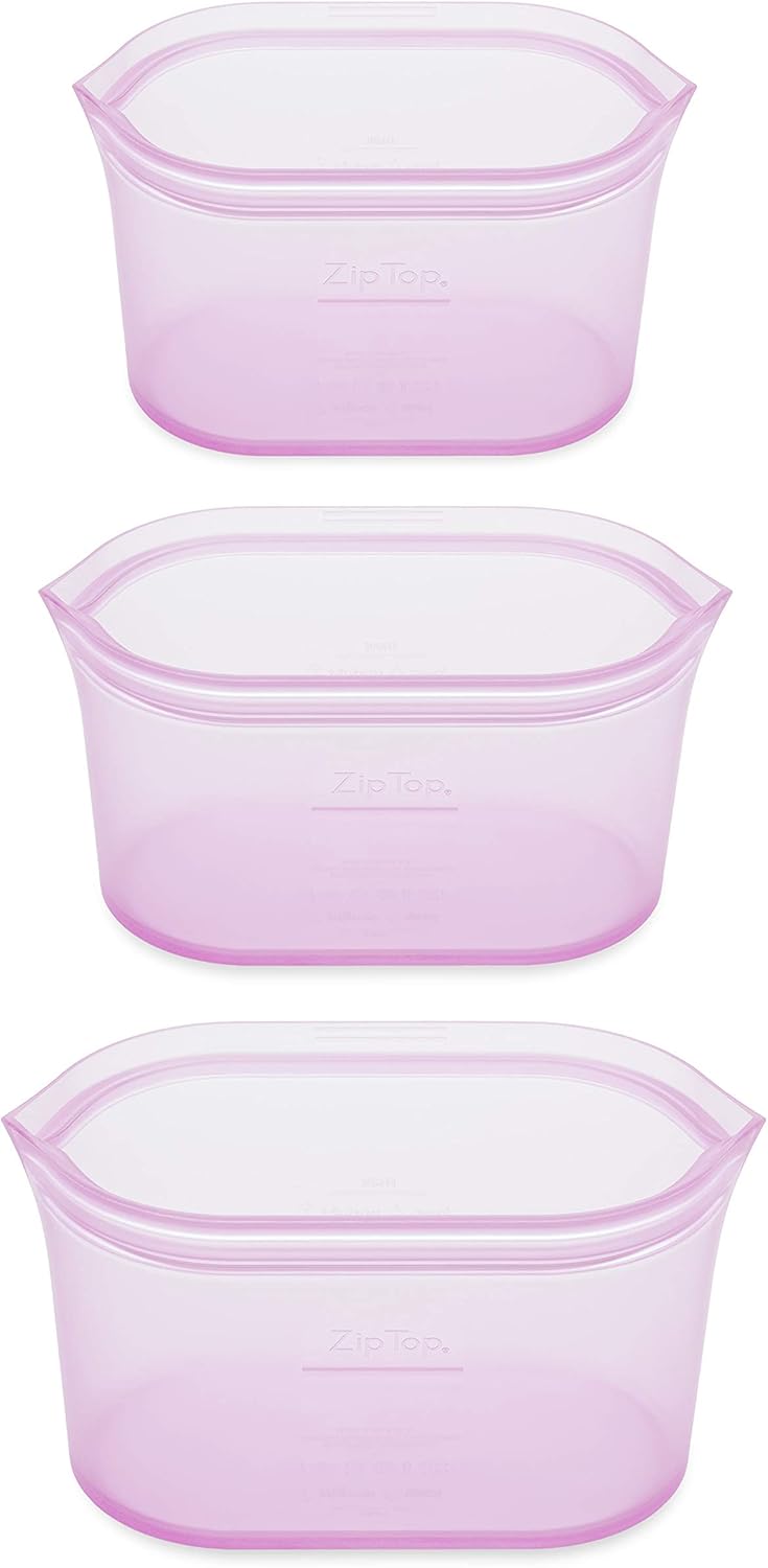 Zip Top Reusable Food Storage Bags | 3 Dish Set [Lavender] | Silicone Meal Prep Container | Microwave, Dishwasher and Freezer Safe | Made in the USA