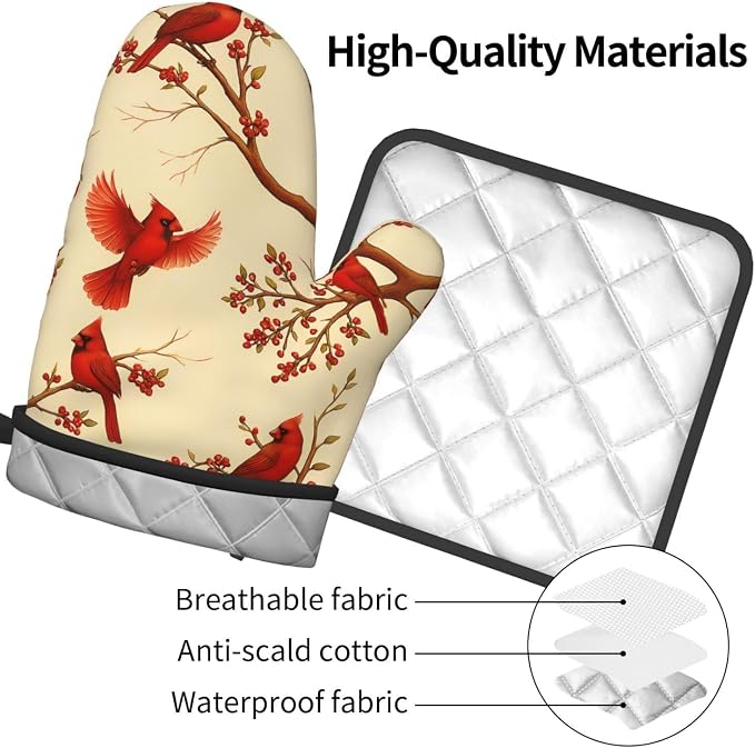 Red Cardinal Oven Mitts and Pot Holders Sets of 3, Non-Slip Christmas Heat - Image 8