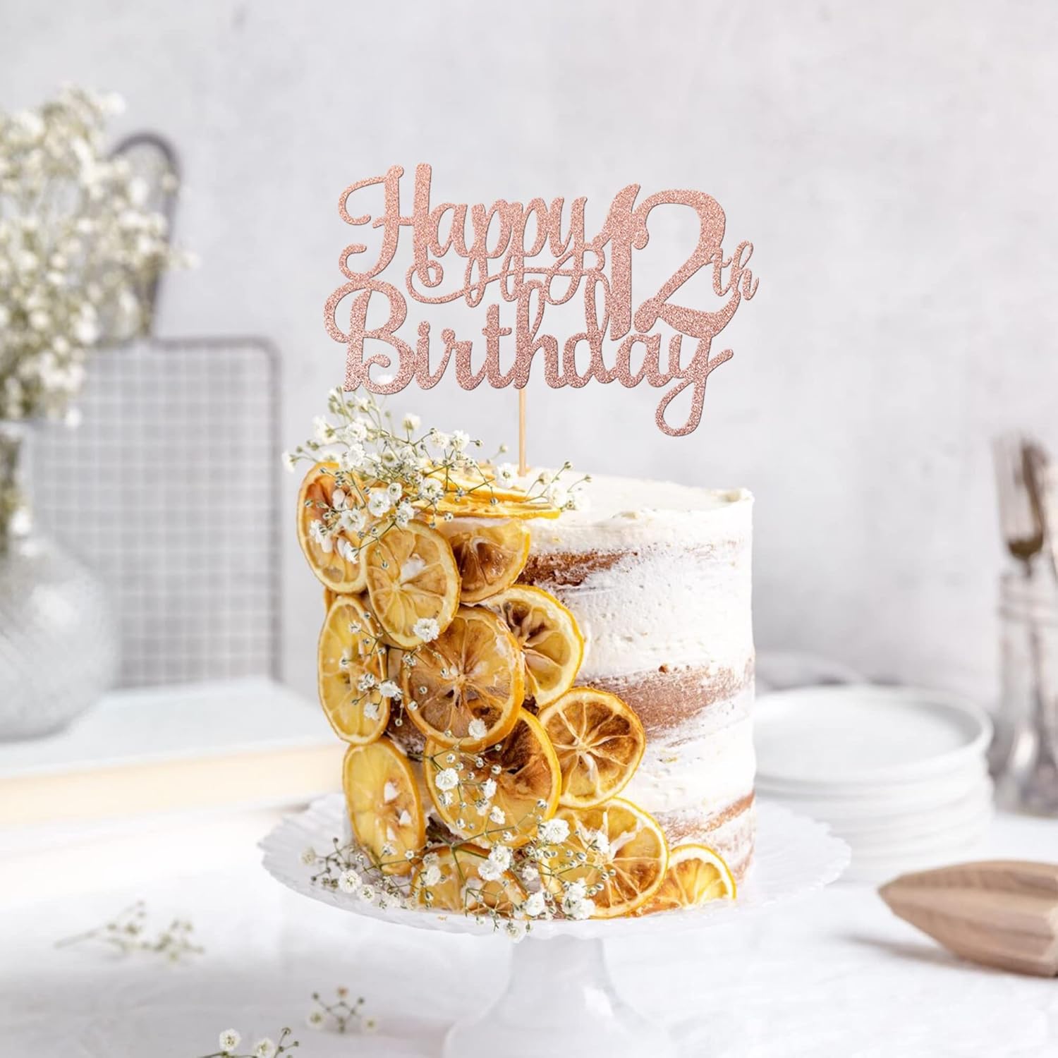 1 PCS Happy 12th Birthday Cake Topper Glitter Cheers to 12 Years Birthday Cake Pick 12 Fabulous Cake Decoration for Happy 13th Birthday Theme Party Decorations Supplies Rose Gold