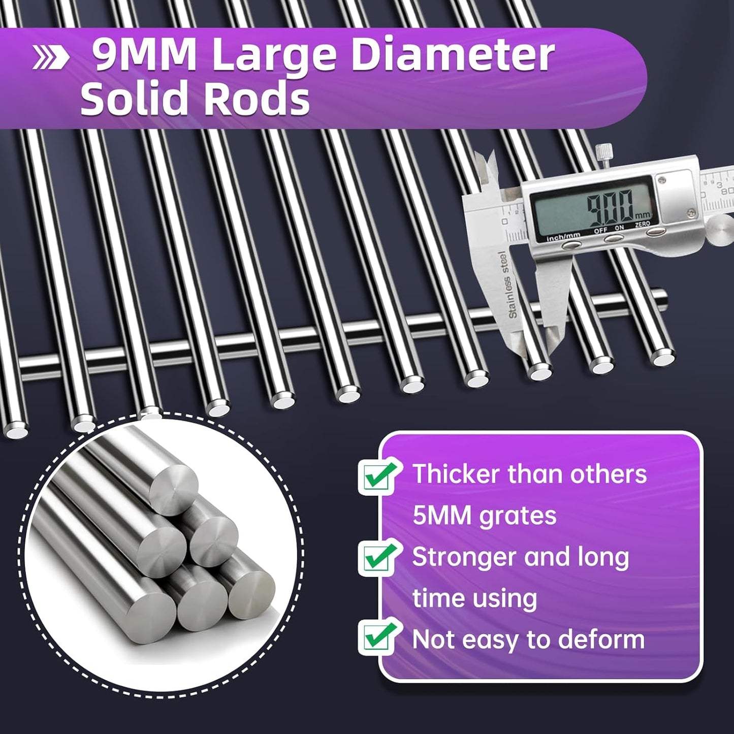 9MM 18 7/8" Stainless Steel Genesis 2 Grill Grates for Weber Genesis ii E-310 E-315 E-325 E-330 E-340 S-335 S-340 GS4 Grills Replacement Parts for Weber 66095 Genesis ii 300 LX 300 Series