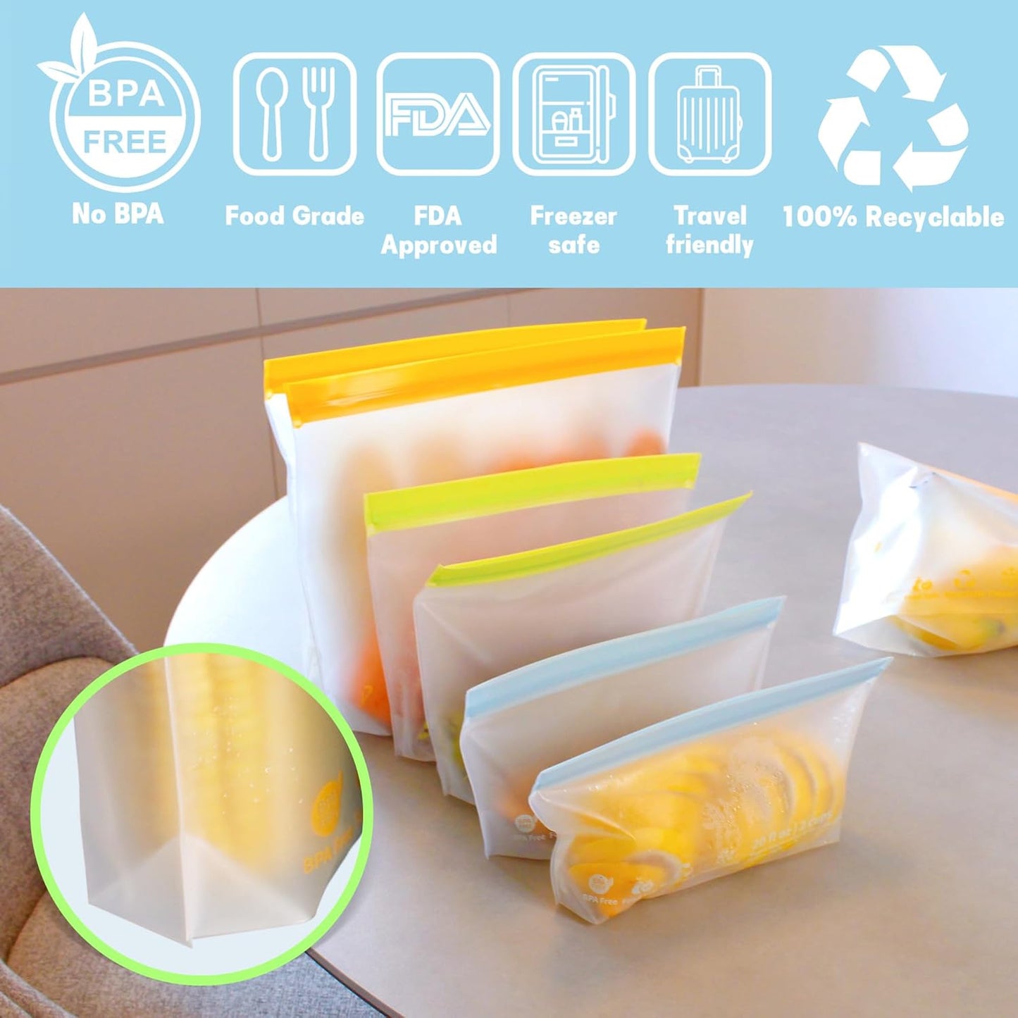 26 Pack Reusable Food Storage Bags,Leakproof Freezer Bags BPA Free Stand Up Sandwich Bags for Lunch Salad Fruit Travel,Dishwasher Safe(10 Gallon,10 Sandwich,6 Snack)