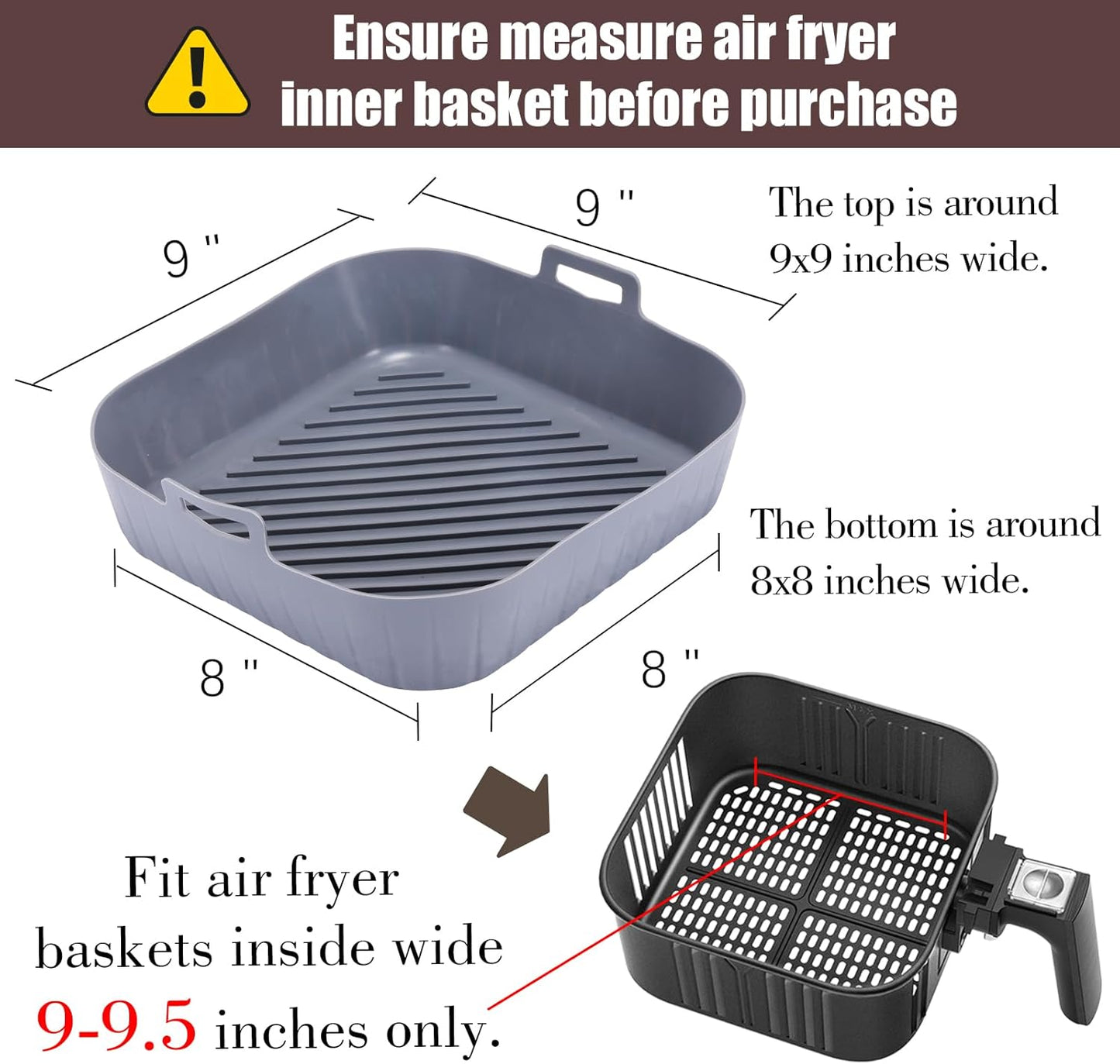 Silicone Liners Square for Air Fryer, 4 Pcs Non-stick Food-grade Reusable Basket Silicone Pot Baking Tray Airfryer Accessories, Top Size 9 inches, Bottom Size 8 inches