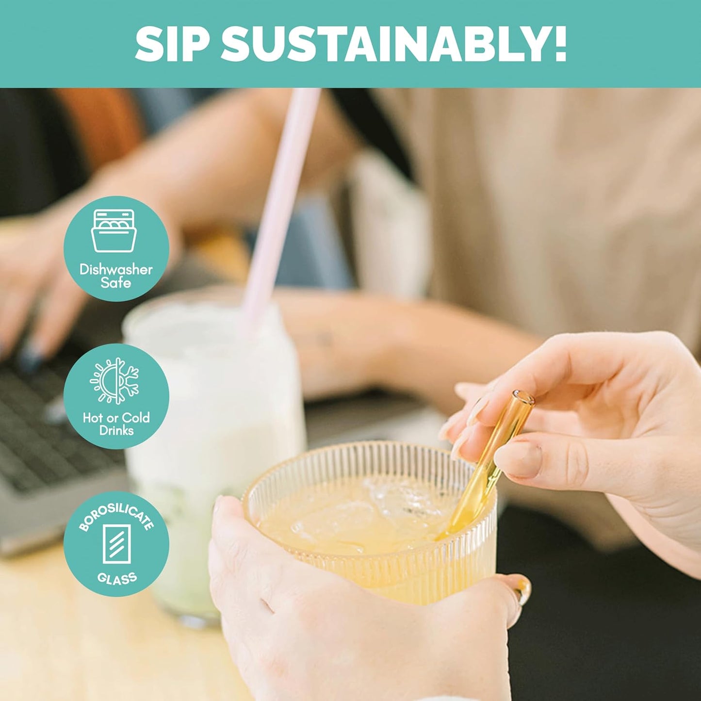 Simply Straws 6 Inch Glass Straws Straight (6-Pack) – Reusable Glass Straws for Low Balls & Stemless Glasses, with Cleaning Brush – Dishwasher Safe, Hot & Cold Use, BPA-Free (Cote d'Azur)