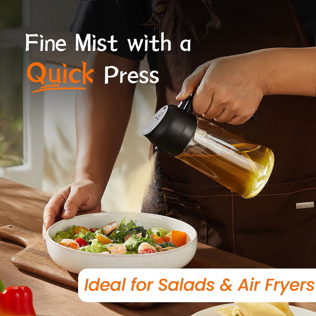 TrendPlain 16oz/470ml Glass Olive Oil Sprayer for Cooking – 2 in 1 Olive Oil Dispenser Bottle for Kitchen Gadgets and Air Fryer Accessories, Salad, BBQ - 2 Black