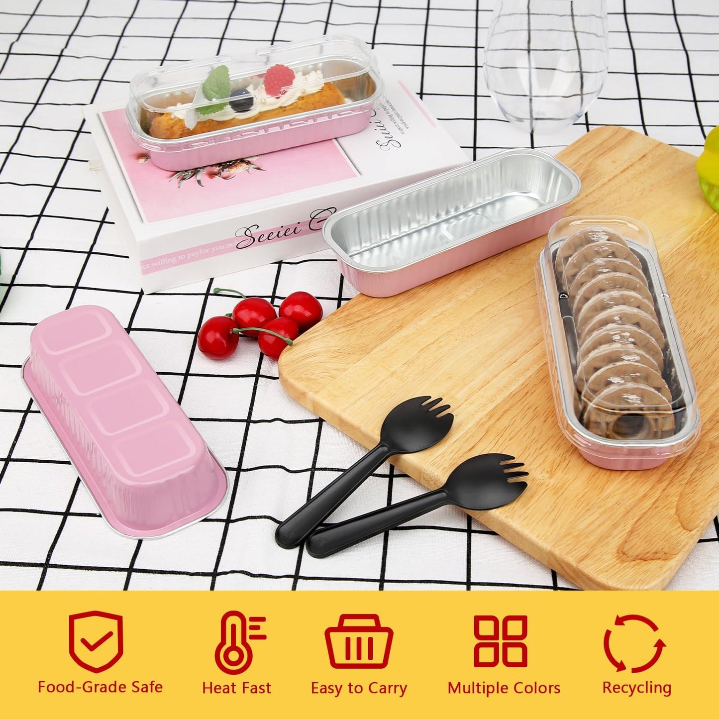 LNYZQUS 6.8oz Mini Loaf Pans with Lids 100 Pack, Rectangle Aluminum Pans Mini Cake Tins,Disposable Baking Pan Small Cake Containers for Brownie Bread Cheesecake-Pink