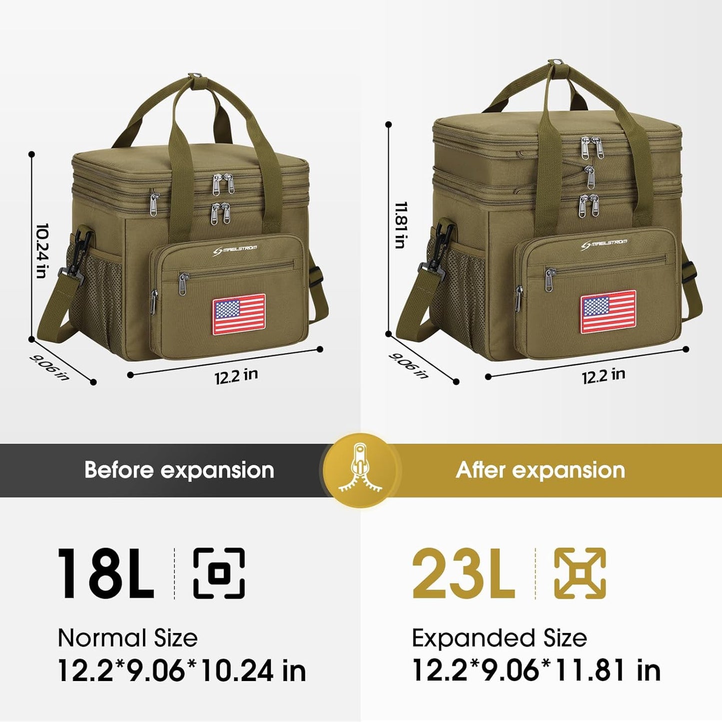 Maelstrom Tactical Lunch Box for Men, 23L Insulated Lunch Bag, Expandable Double Deck Cooler Bag, Lightweight Leakproof Tote Bag With Side Tissue Pocket, Suit For Men and Women, Khaki