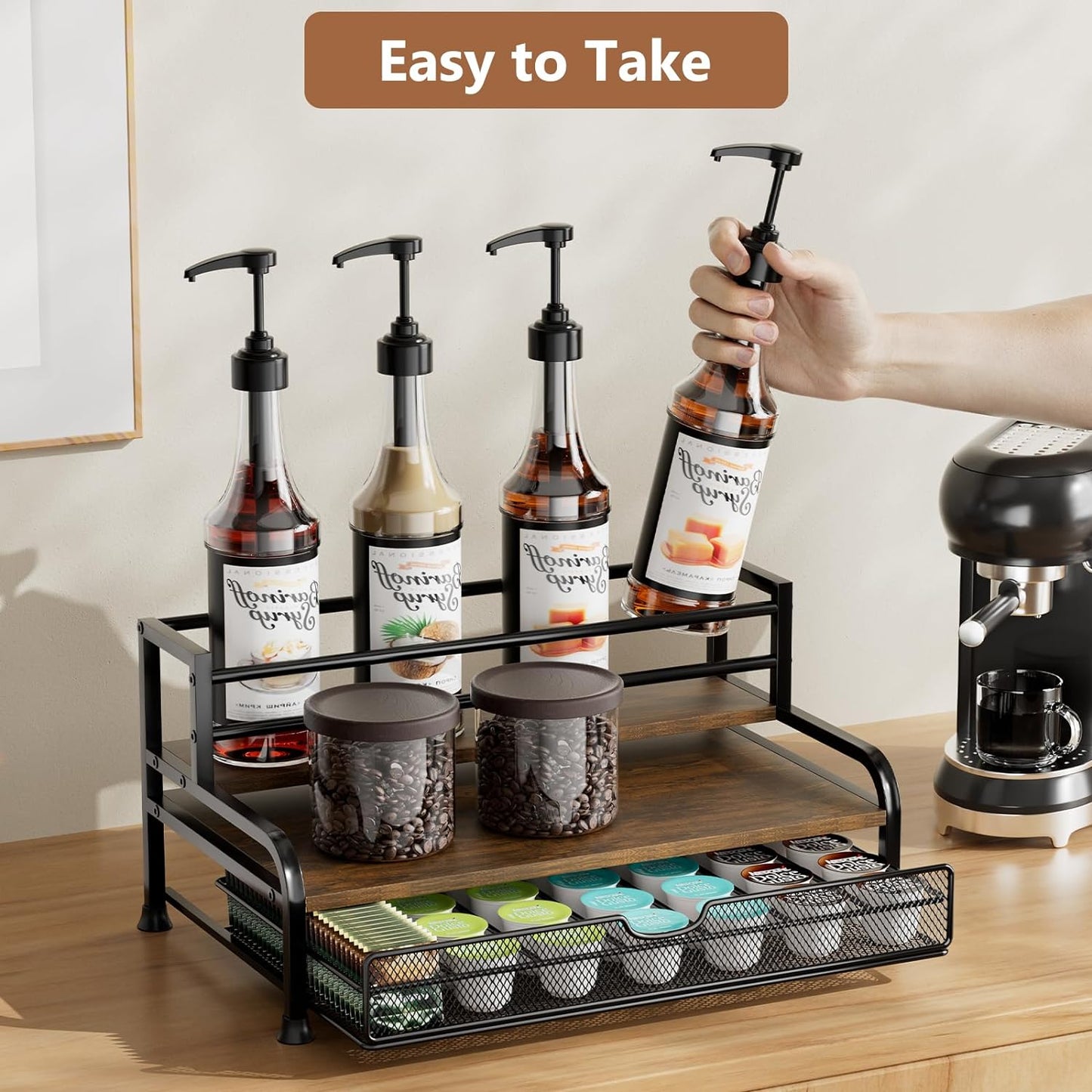 Coffee Syrup Rack Organizer, 3-Tier 8 Bottles Syrup Rack with 35 K Cup Storage Basket for Coffee Bar, Countertop Bottle Holder Stand for Wine, Dressing for Kitchen Cafe Station