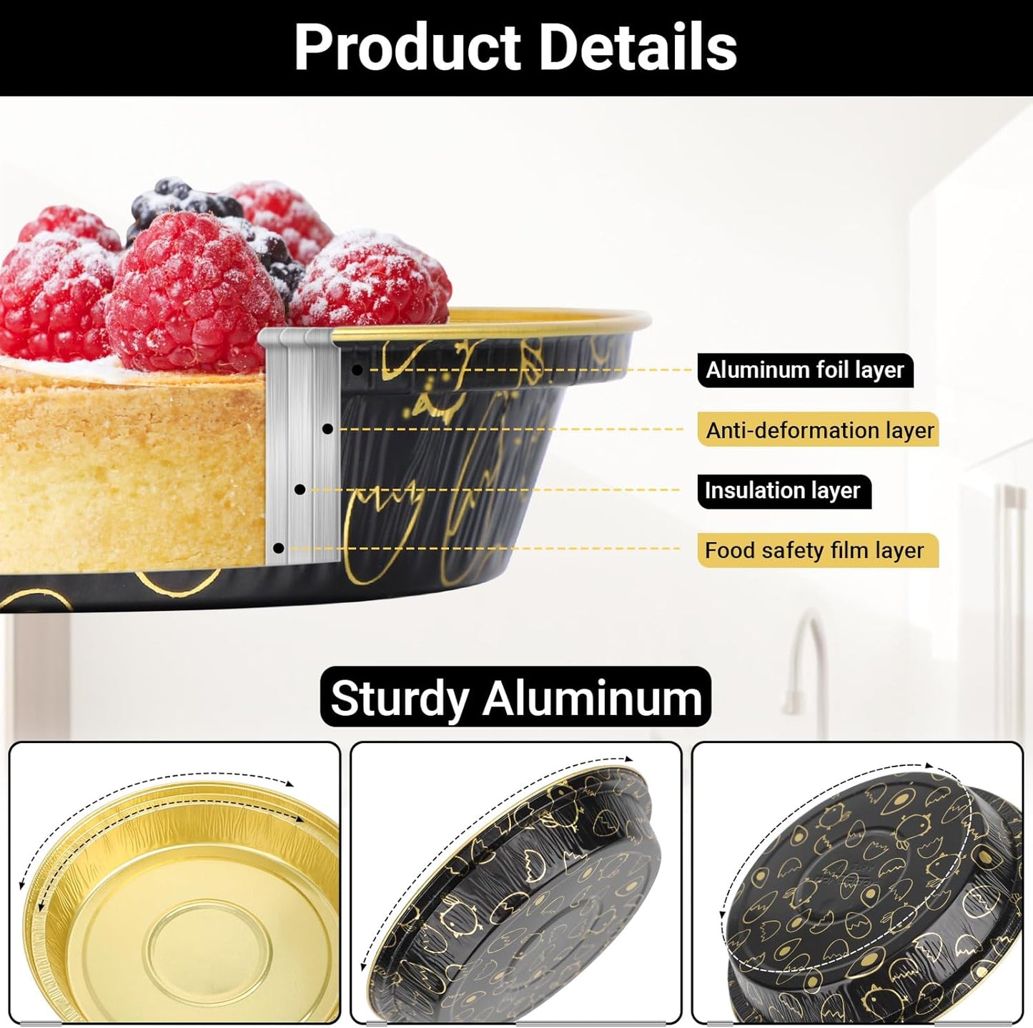 EUSOAR Aluminum Pans with Lids, 25pcs 10oz/275ml Black/Gold Cake Containers Baking Cups, Muffin Liners Foil Ramekins Cupcakes Liners Bread Pudding Round Holders Cups for Wedding Birthday Party
